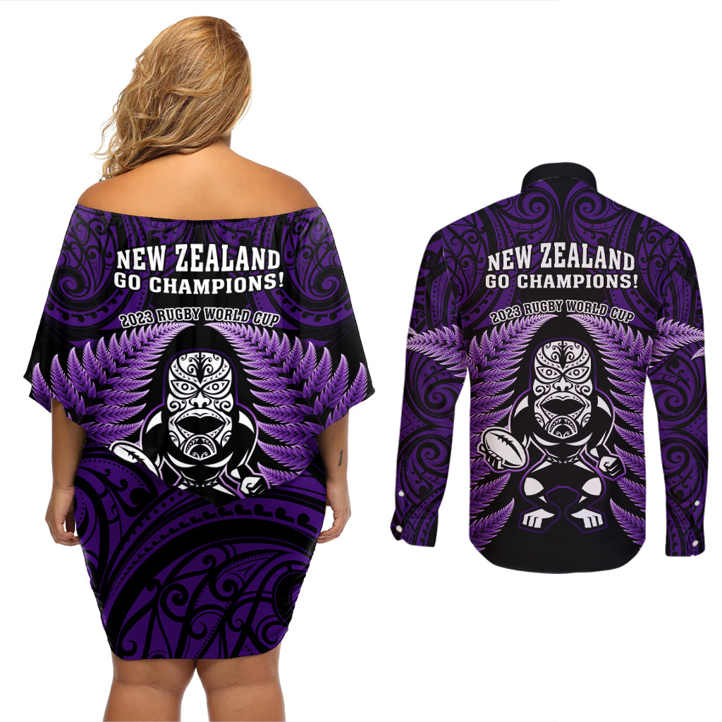 new-zealand-aotearoa-rugby-couples-matching-off-shoulder-short-dress-and-long-sleeve-button-shirts-nz-tiki-with-maori-fern-world-cup-purple-version