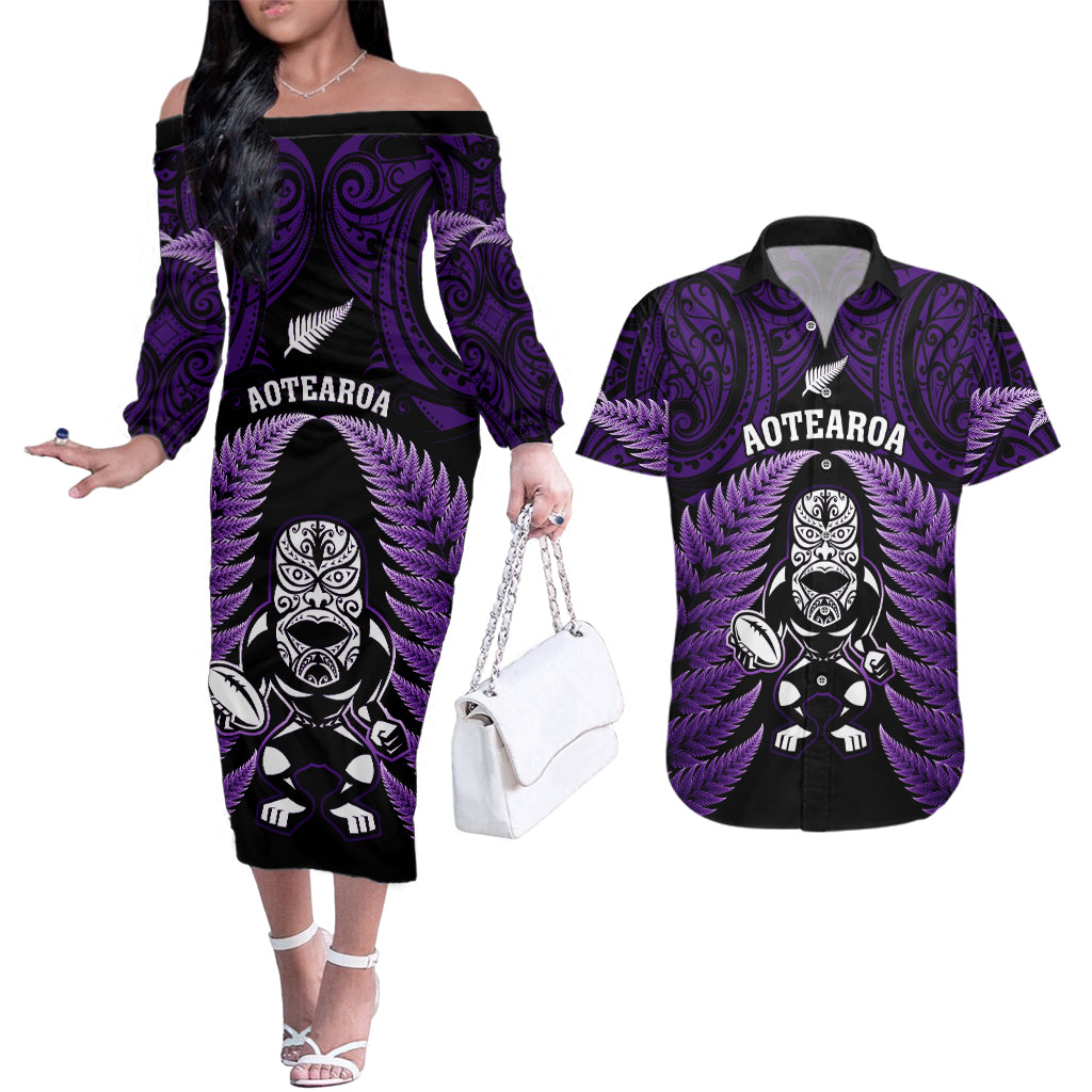 new-zealand-aotearoa-rugby-couples-matching-off-the-shoulder-long-sleeve-dress-and-hawaiian-shirt-nz-tiki-with-maori-fern-world-cup-purple-version