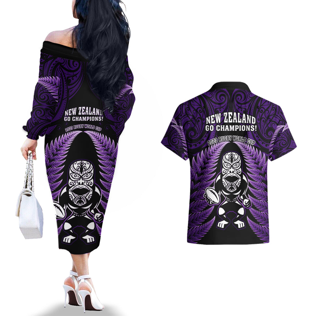 new-zealand-aotearoa-rugby-couples-matching-off-the-shoulder-long-sleeve-dress-and-hawaiian-shirt-nz-tiki-with-maori-fern-world-cup-purple-version