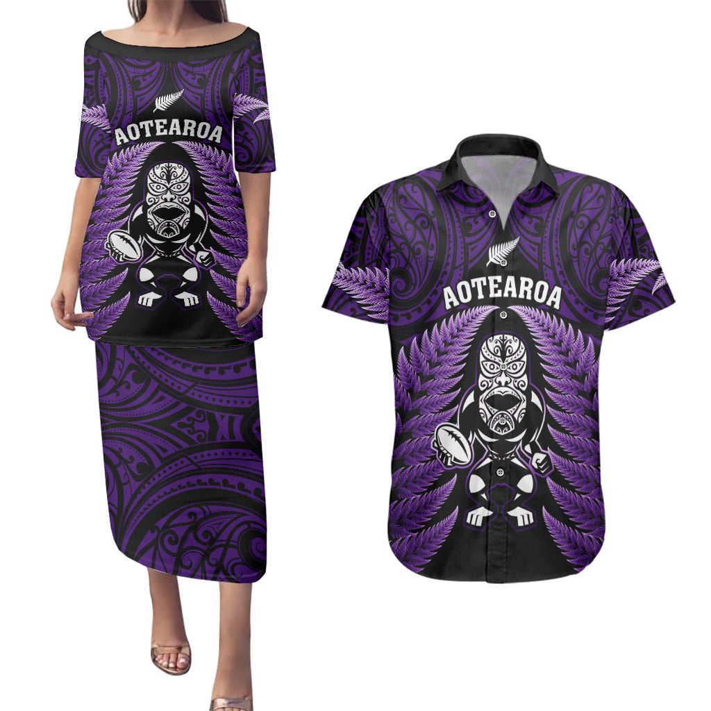 new-zealand-aotearoa-rugby-couples-matching-puletasi-dress-and-hawaiian-shirt-nz-tiki-with-maori-fern-world-cup-purple-version