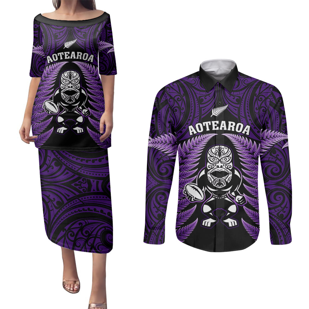 new-zealand-aotearoa-rugby-couples-matching-puletasi-dress-and-long-sleeve-button-shirts-nz-tiki-with-maori-fern-world-cup-purple-version