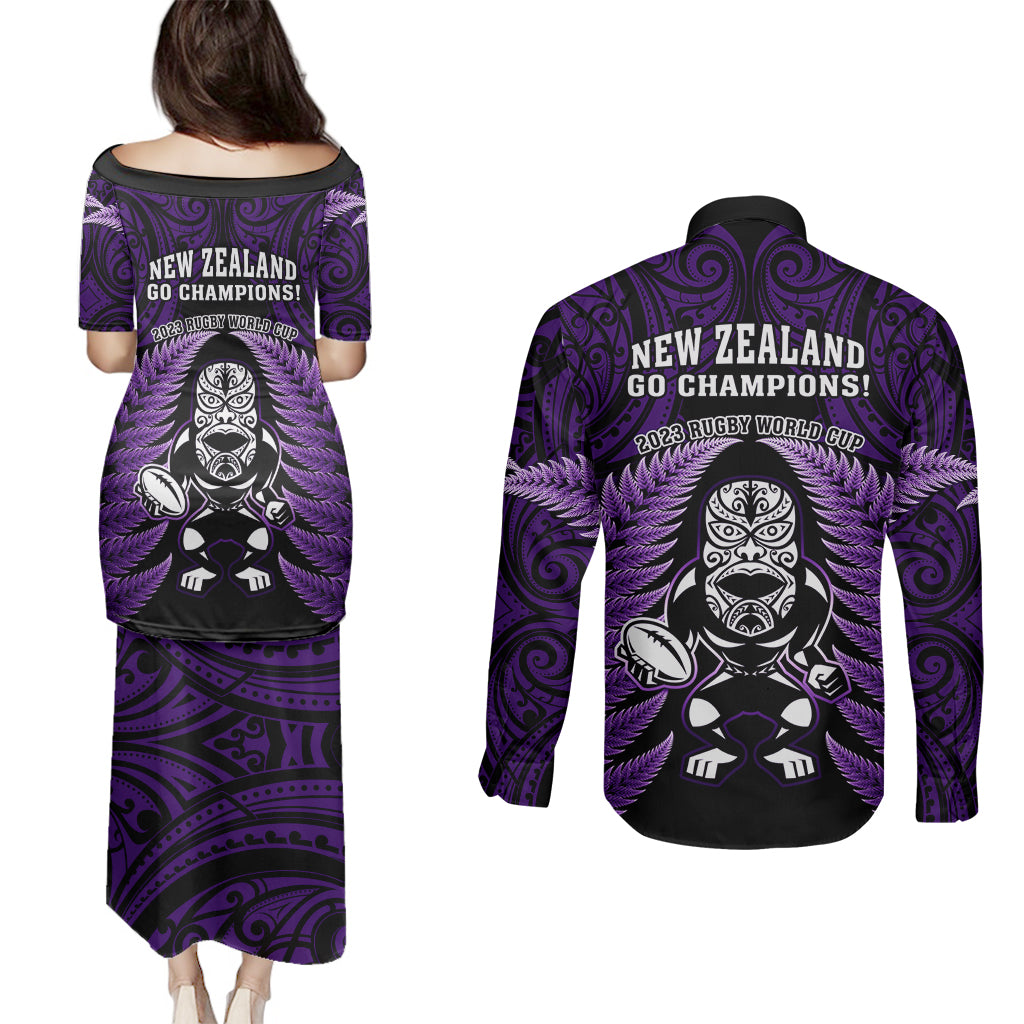 new-zealand-aotearoa-rugby-couples-matching-puletasi-dress-and-long-sleeve-button-shirts-nz-tiki-with-maori-fern-world-cup-purple-version