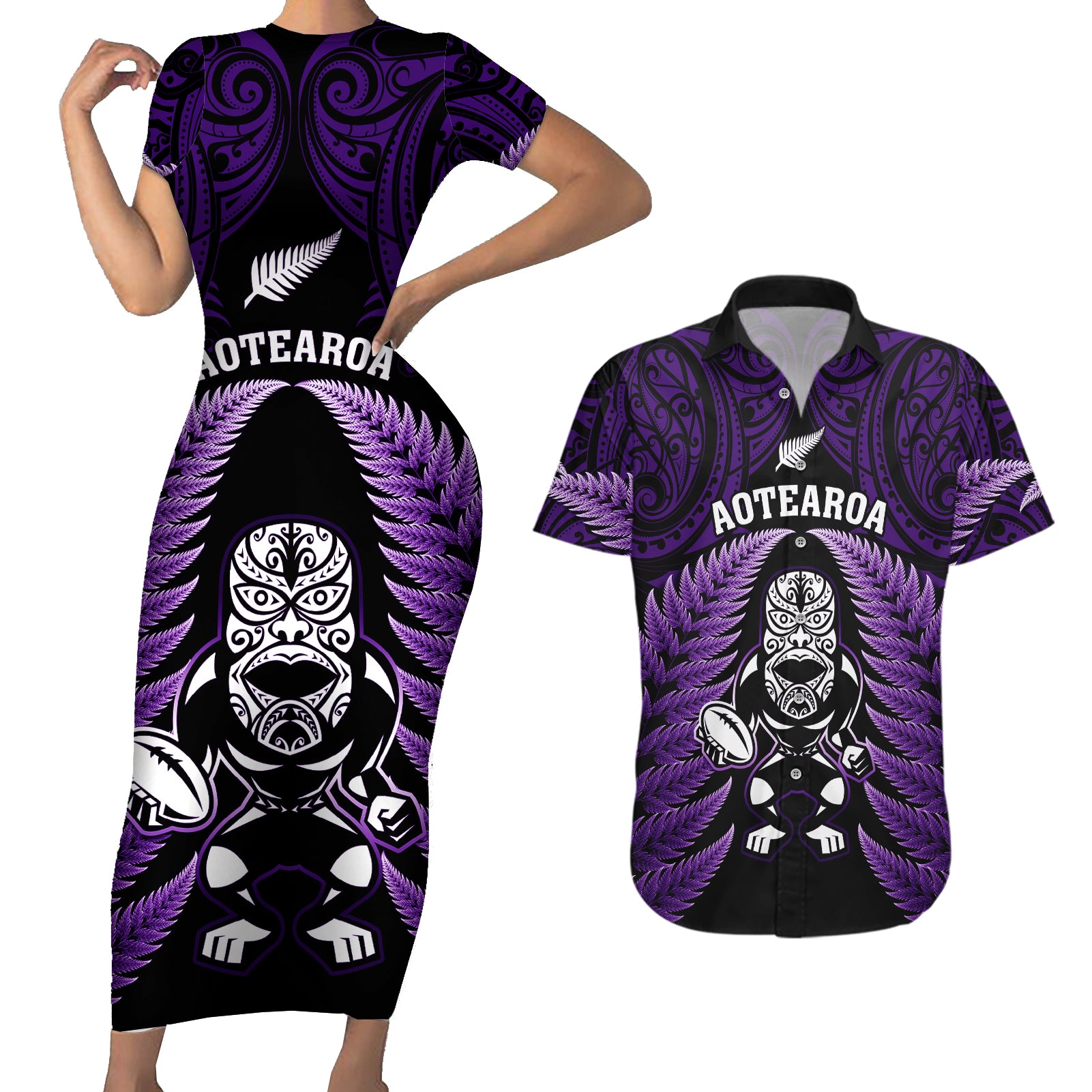 new-zealand-aotearoa-rugby-couples-matching-short-sleeve-bodycon-dress-and-hawaiian-shirt-nz-tiki-with-maori-fern-world-cup-purple-version