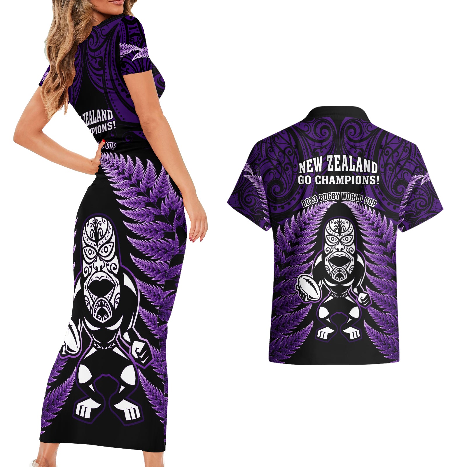new-zealand-aotearoa-rugby-couples-matching-short-sleeve-bodycon-dress-and-hawaiian-shirt-nz-tiki-with-maori-fern-world-cup-purple-version
