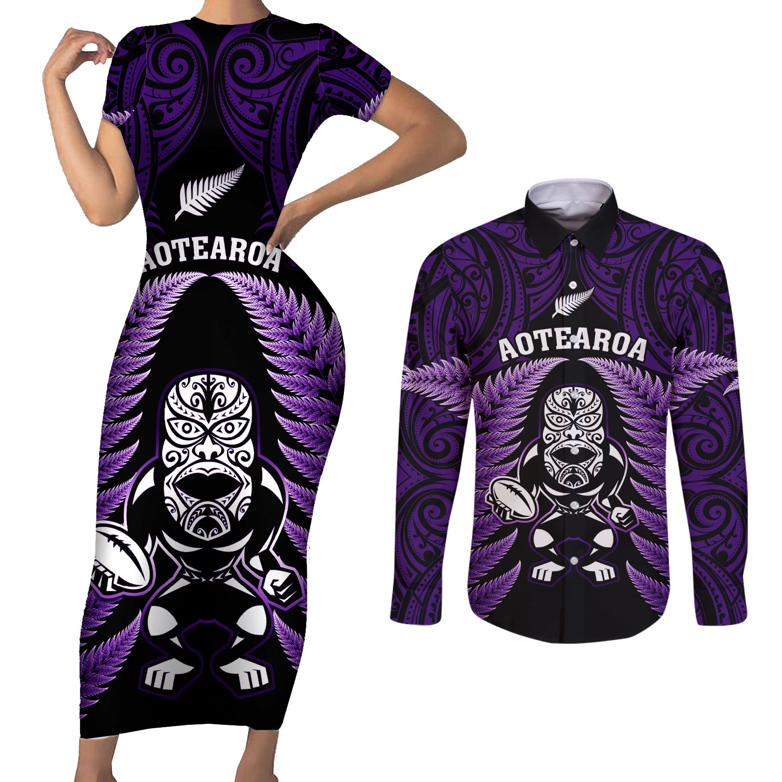 new-zealand-aotearoa-rugby-couples-matching-short-sleeve-bodycon-dress-and-long-sleeve-button-shirts-nz-tiki-with-maori-fern-world-cup-purple-version