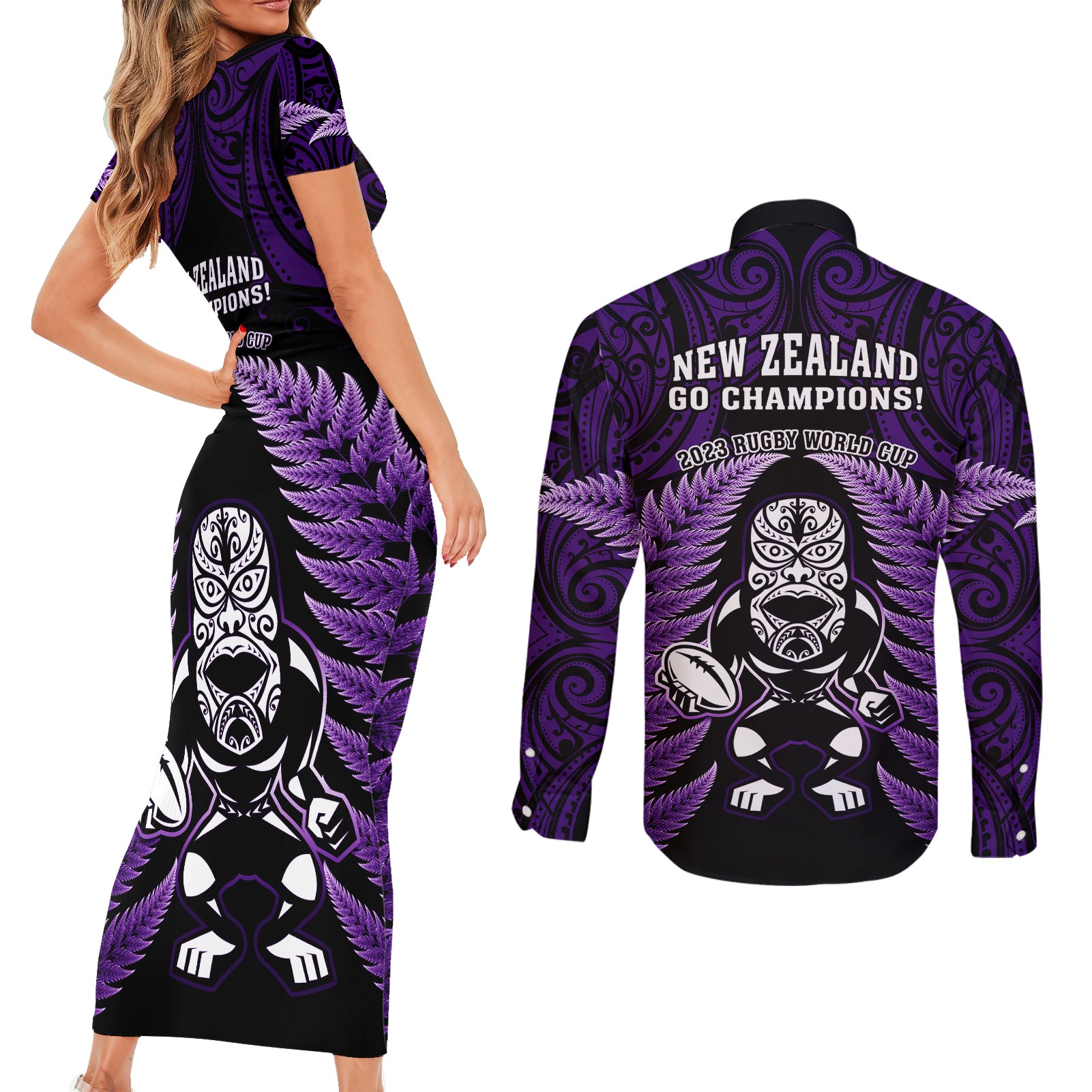 new-zealand-aotearoa-rugby-couples-matching-short-sleeve-bodycon-dress-and-long-sleeve-button-shirts-nz-tiki-with-maori-fern-world-cup-purple-version