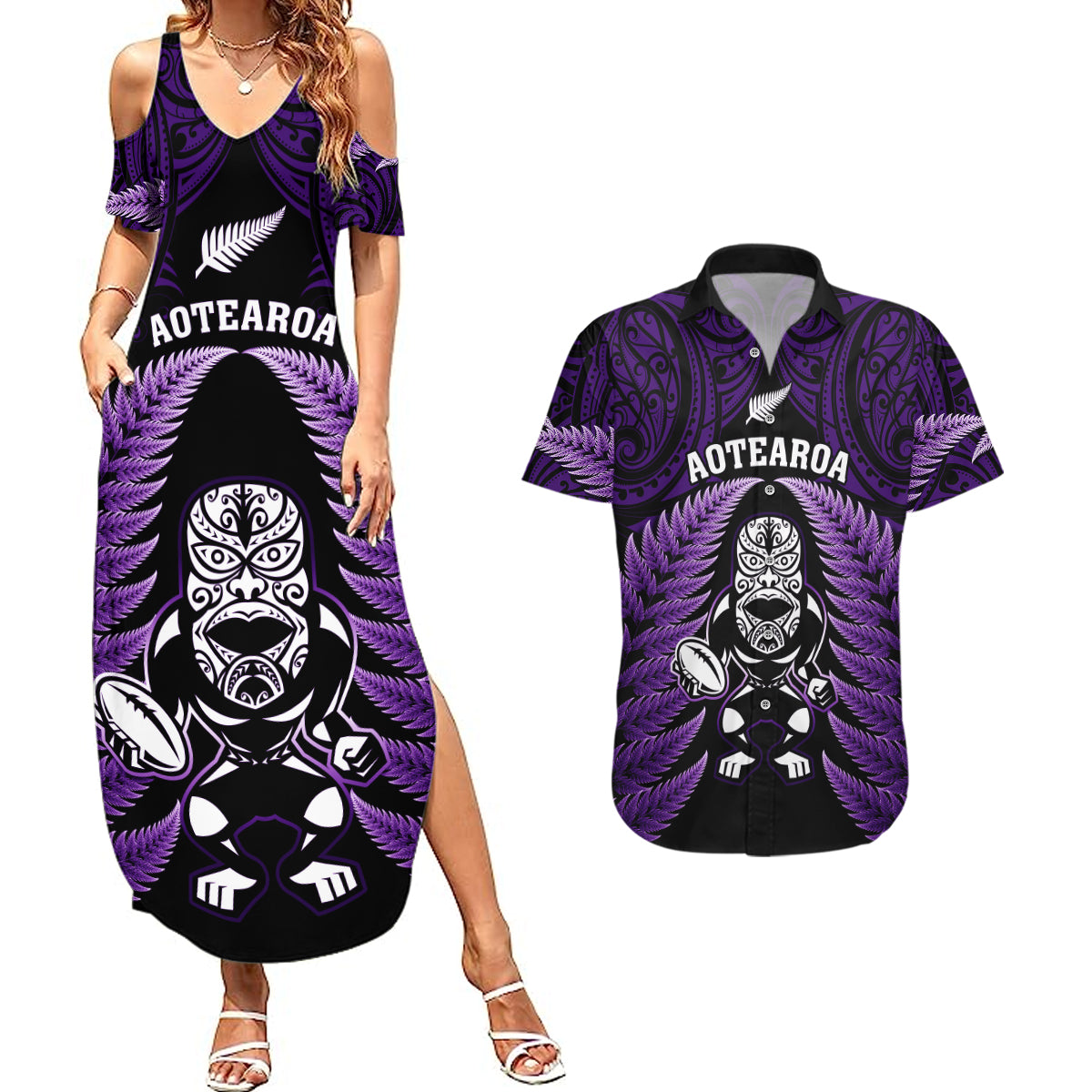 new-zealand-aotearoa-rugby-couples-matching-summer-maxi-dress-and-hawaiian-shirt-nz-tiki-with-maori-fern-world-cup-purple-version