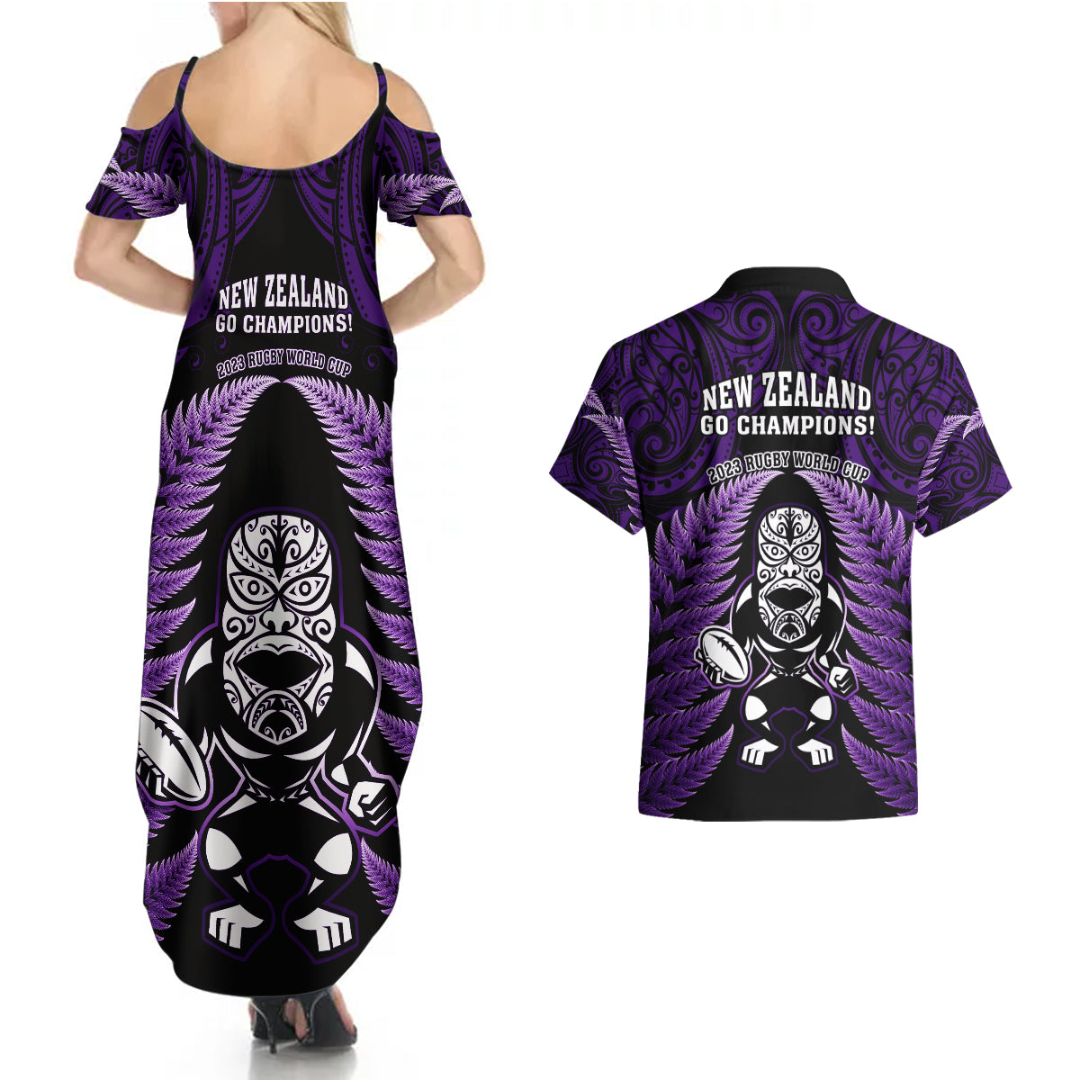 new-zealand-aotearoa-rugby-couples-matching-summer-maxi-dress-and-hawaiian-shirt-nz-tiki-with-maori-fern-world-cup-purple-version