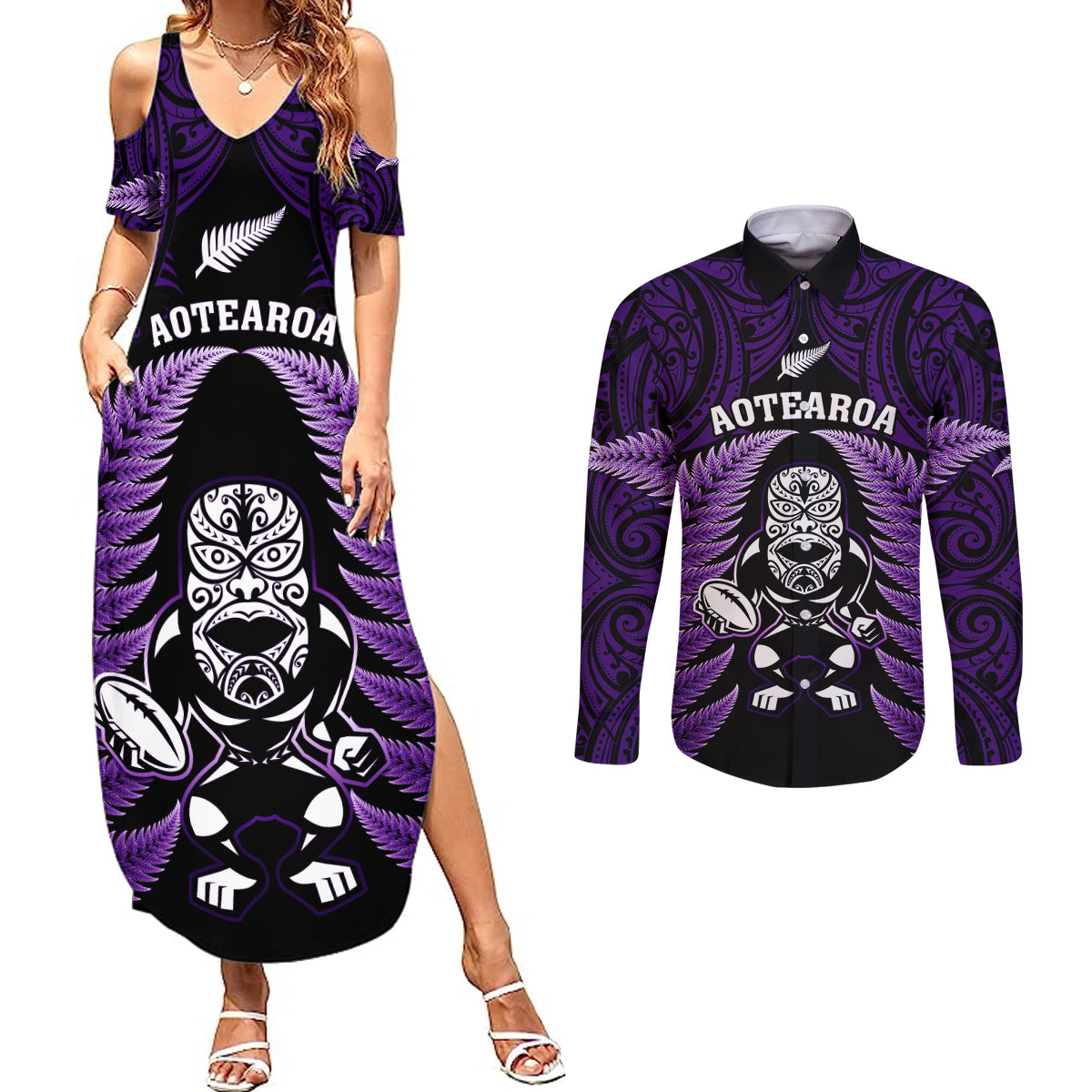 new-zealand-aotearoa-rugby-couples-matching-summer-maxi-dress-and-long-sleeve-button-shirts-nz-tiki-with-maori-fern-world-cup-purple-version