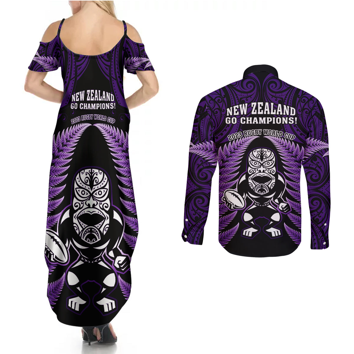 new-zealand-aotearoa-rugby-couples-matching-summer-maxi-dress-and-long-sleeve-button-shirts-nz-tiki-with-maori-fern-world-cup-purple-version