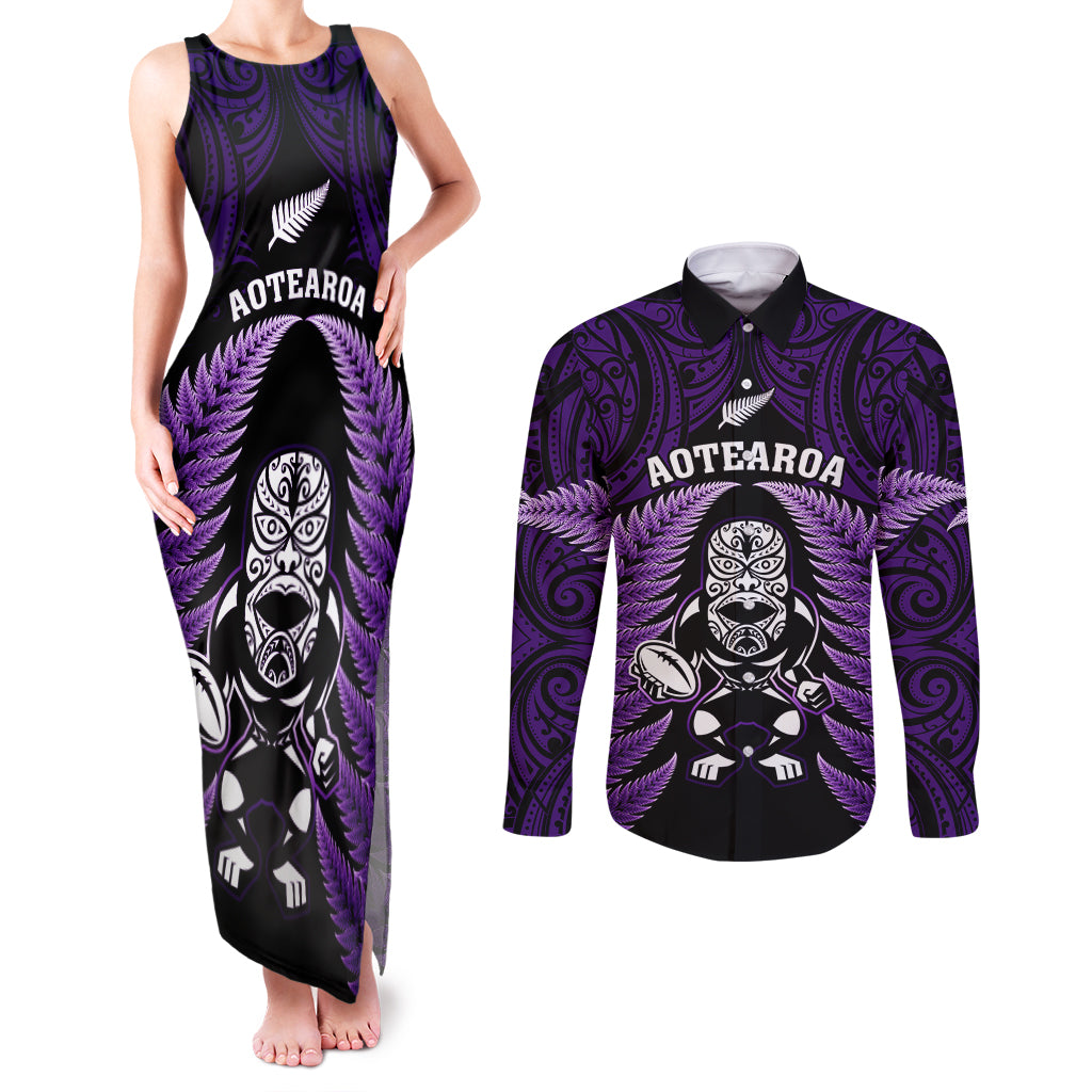 new-zealand-aotearoa-rugby-couples-matching-tank-maxi-dress-and-long-sleeve-button-shirts-nz-tiki-with-maori-fern-world-cup-purple-version