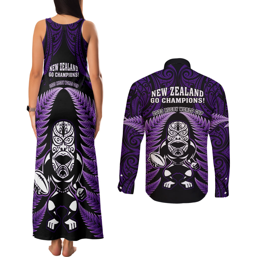 new-zealand-aotearoa-rugby-couples-matching-tank-maxi-dress-and-long-sleeve-button-shirts-nz-tiki-with-maori-fern-world-cup-purple-version