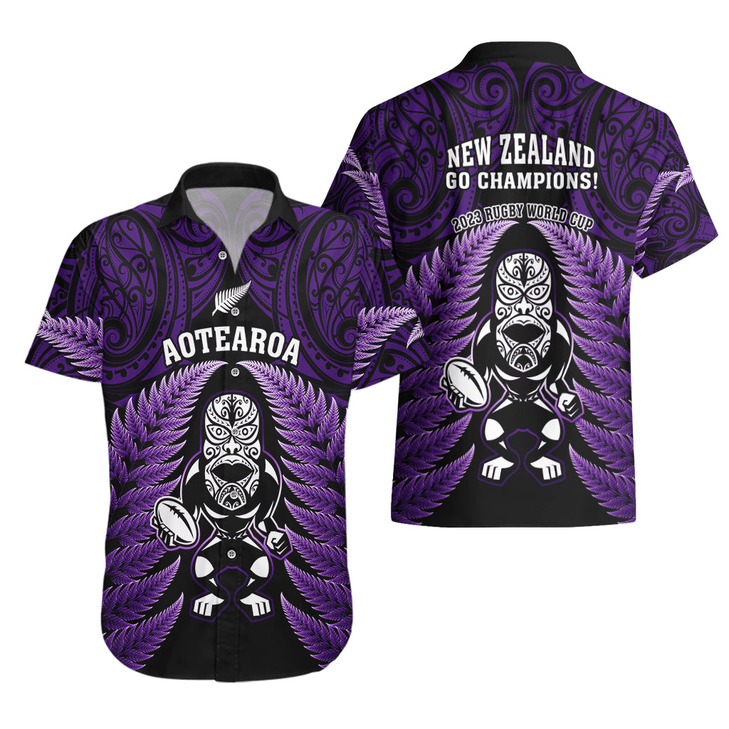 New Zealand Aotearoa Rugby Hawaiian Shirt NZ Tiki With Maori Fern World Cup Purple Version - Vibe Hoodie Shop