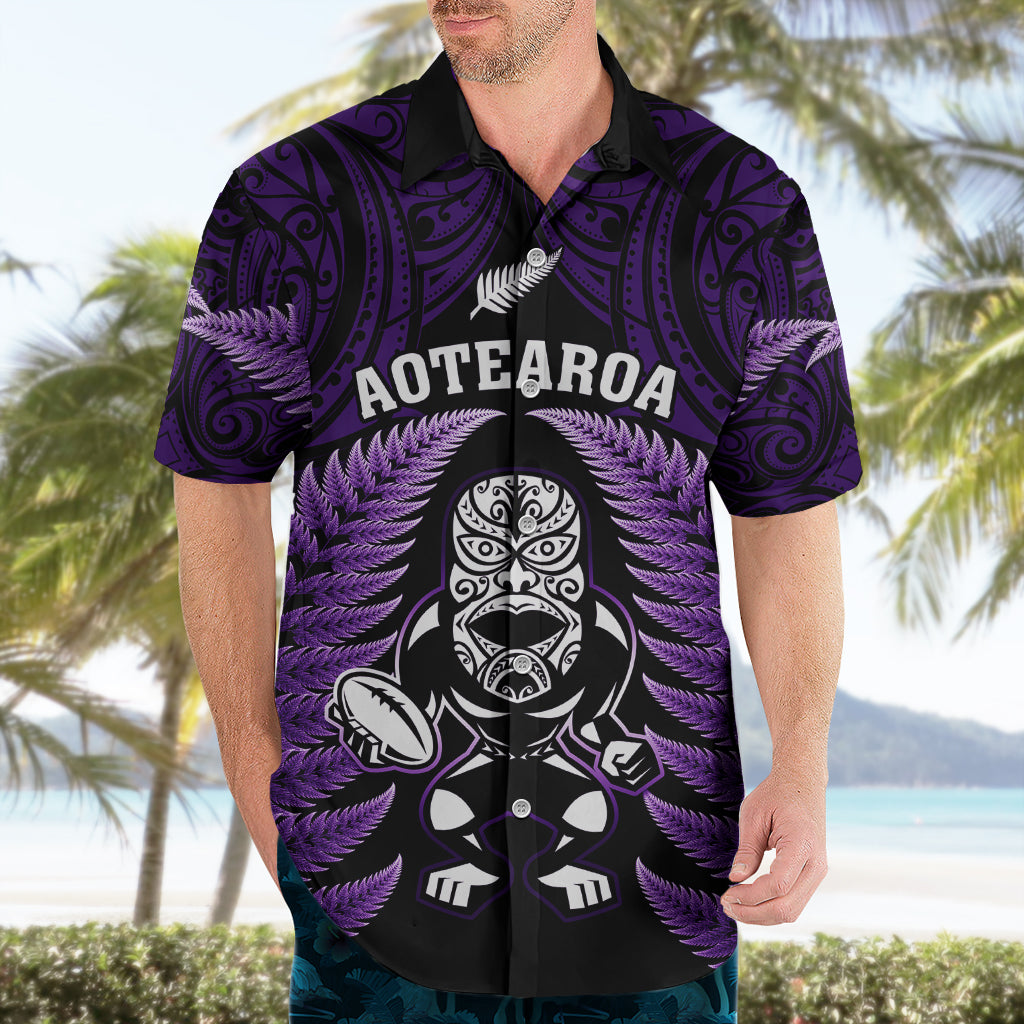 New Zealand Aotearoa Rugby Hawaiian Shirt NZ Tiki With Maori Fern World Cup Purple Version - Vibe Hoodie Shop