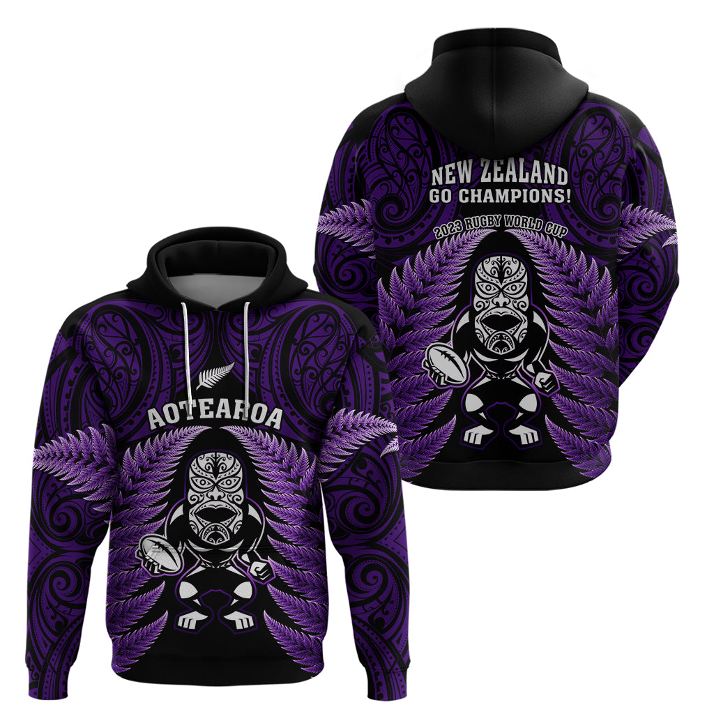 New Zealand Aotearoa Rugby Hoodie NZ Tiki With Maori Fern World Cup Purple Version - Vibe Hoodie Shop