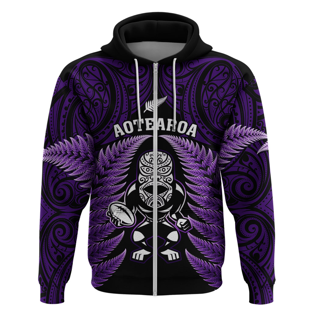 New Zealand Aotearoa Rugby Hoodie NZ Tiki With Maori Fern World Cup Purple Version - Vibe Hoodie Shop