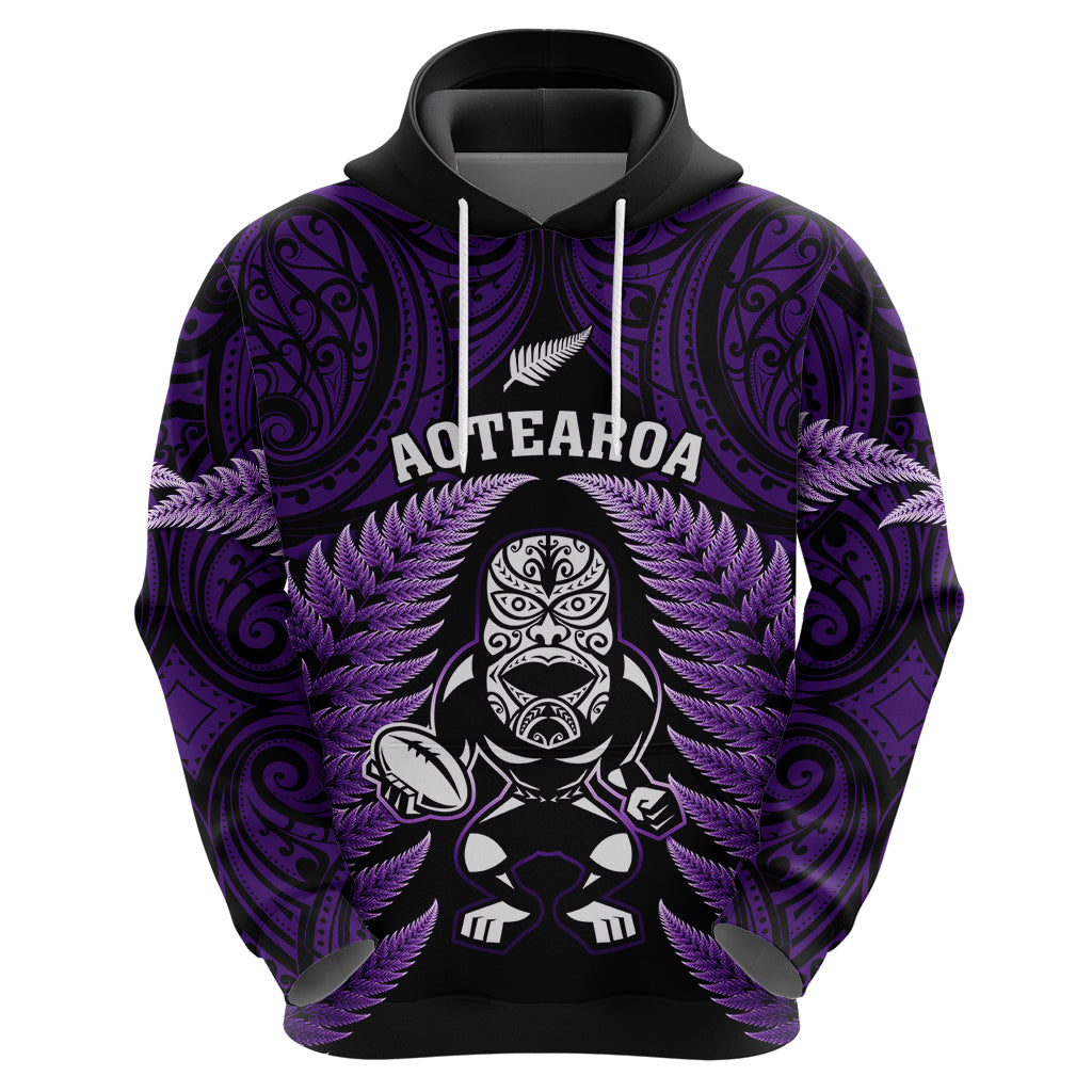 New Zealand Aotearoa Rugby Hoodie NZ Tiki With Maori Fern World Cup Purple Version - Vibe Hoodie Shop