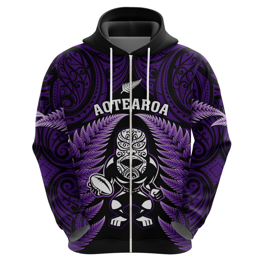New Zealand Aotearoa Rugby Hoodie NZ Tiki With Maori Fern World Cup Purple Version - Vibe Hoodie Shop