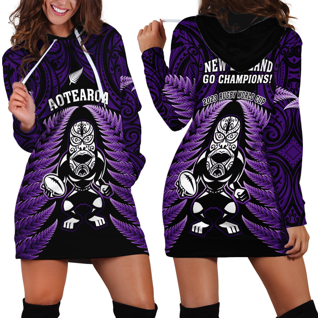 New Zealand Aotearoa Rugby Hoodie Dress NZ Tiki With Maori Fern World Cup Purple Version - Vibe Hoodie Shop