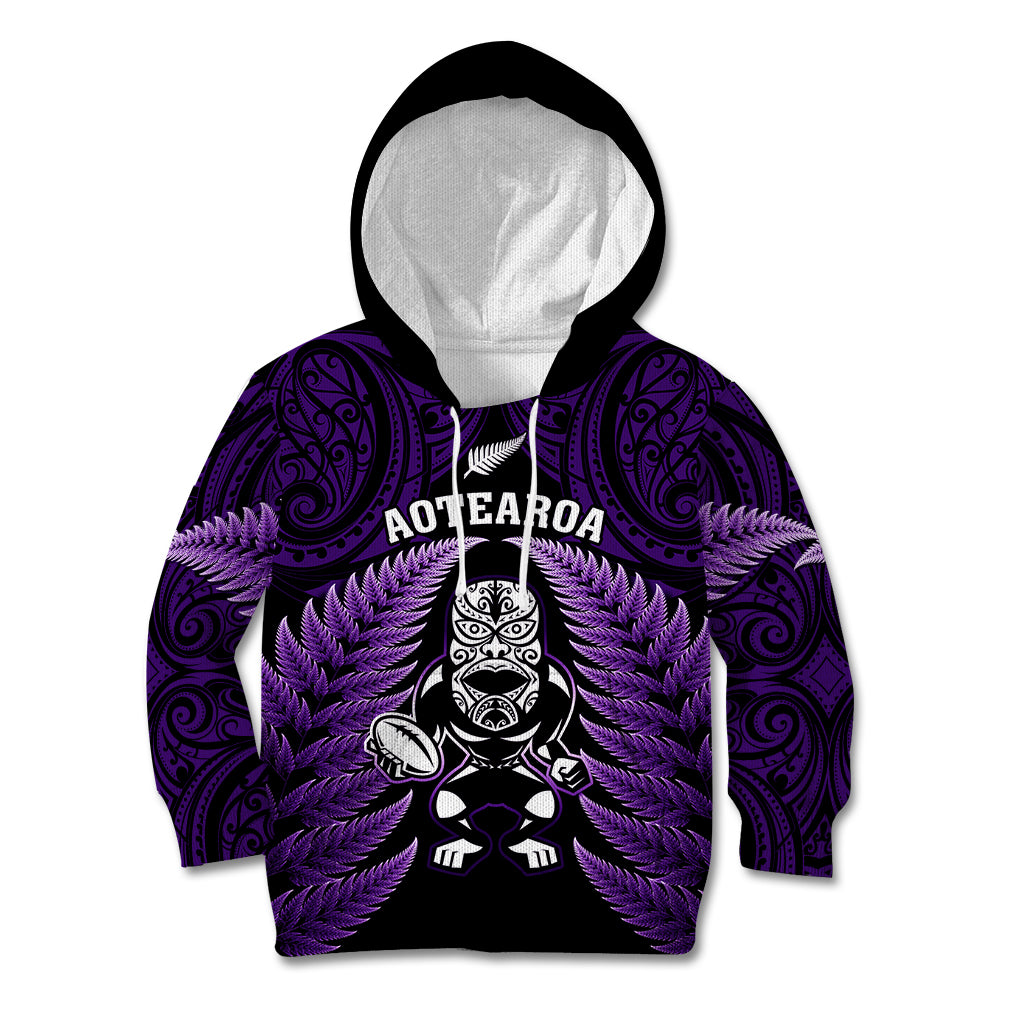 New Zealand Aotearoa Rugby Kid Hoodie NZ Tiki With Maori Fern World Cup Purple Version - Vibe Hoodie Shop