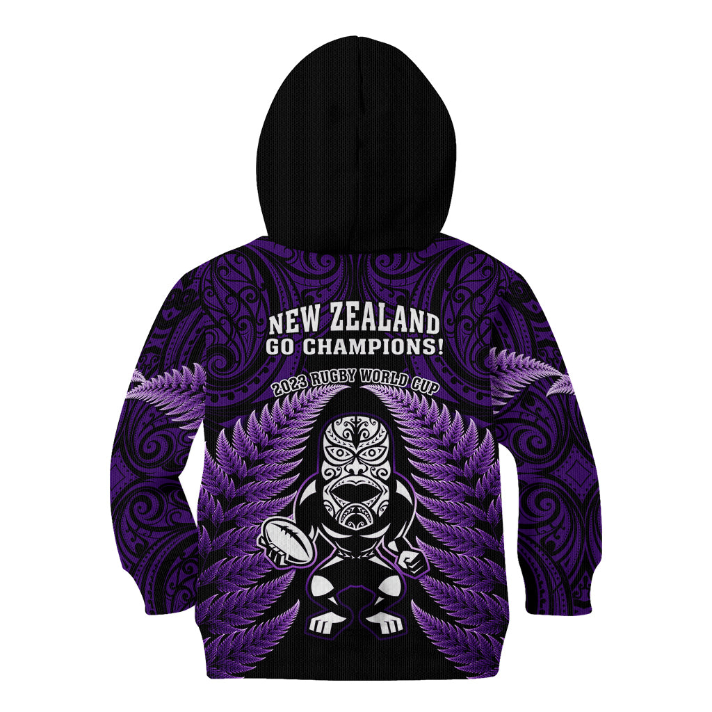 New Zealand Aotearoa Rugby Kid Hoodie NZ Tiki With Maori Fern World Cup Purple Version - Vibe Hoodie Shop
