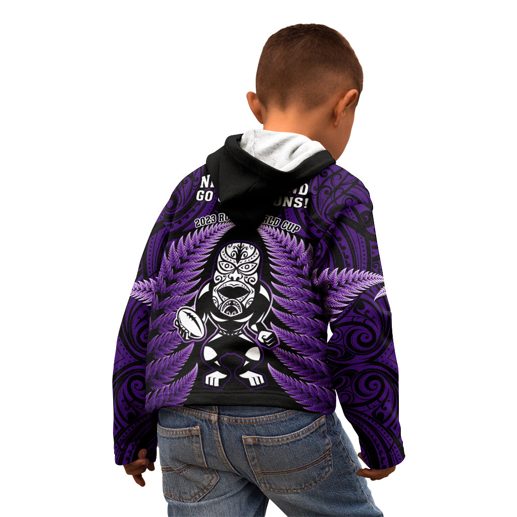 New Zealand Aotearoa Rugby Kid Hoodie NZ Tiki With Maori Fern World Cup Purple Version - Vibe Hoodie Shop
