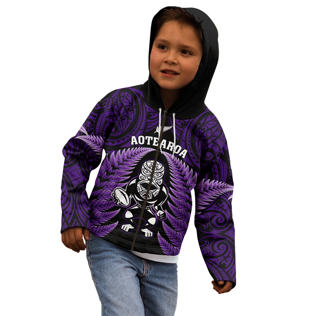 New Zealand Aotearoa Rugby Kid Hoodie NZ Tiki With Maori Fern World Cup Purple Version - Vibe Hoodie Shop