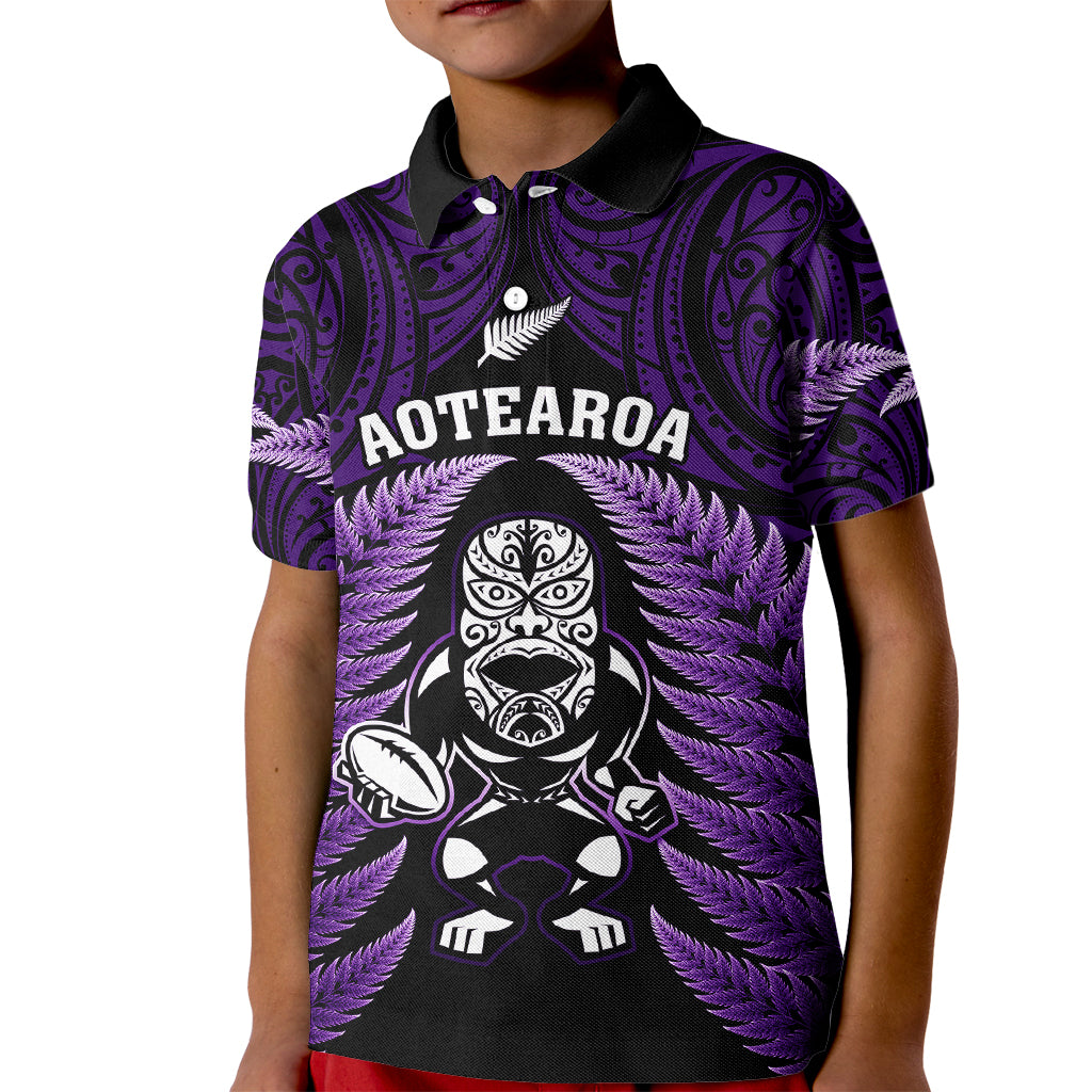 New Zealand Aotearoa Rugby Kid Polo Shirt NZ Tiki With Maori Fern World Cup Purple Version - Vibe Hoodie Shop
