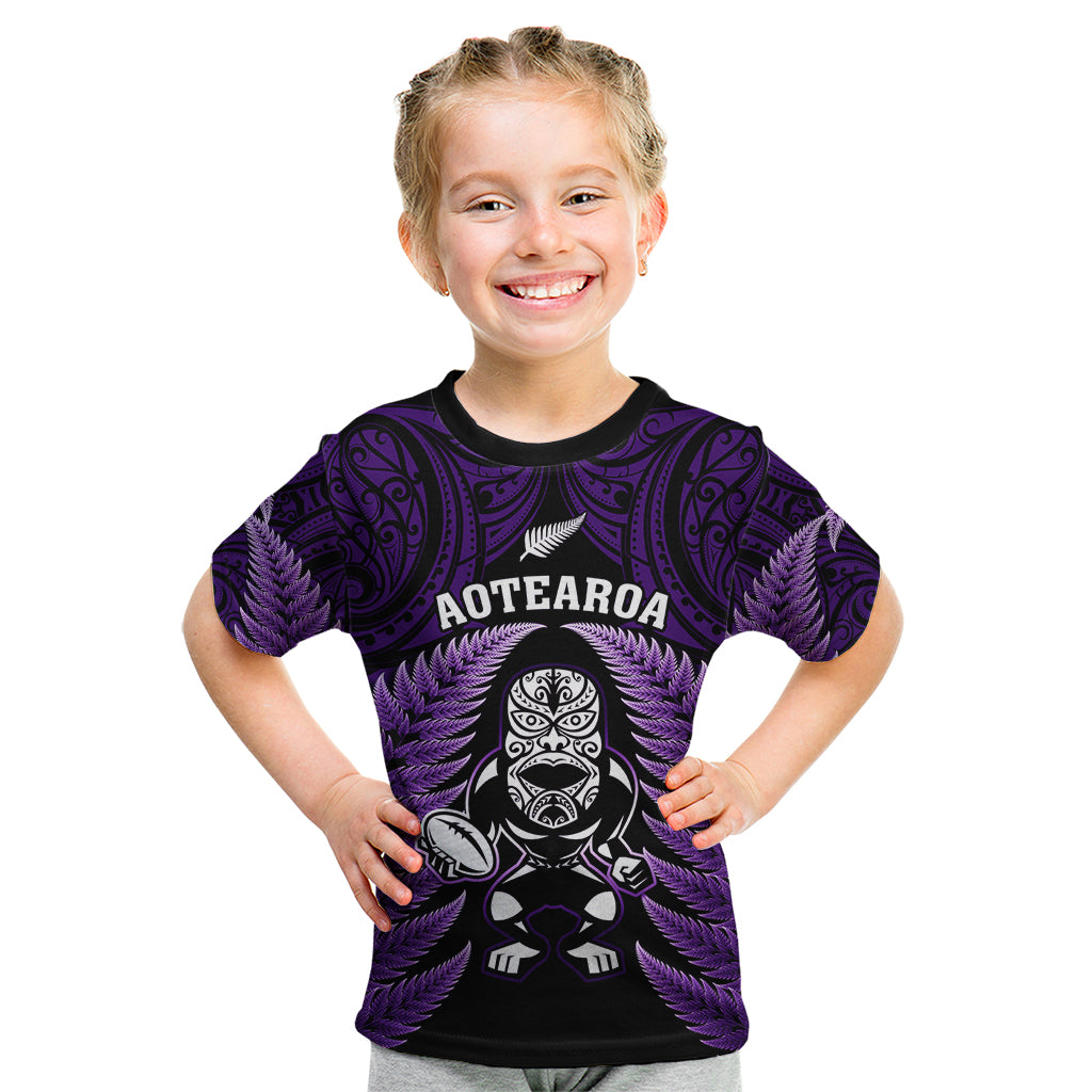 New Zealand Aotearoa Rugby Kid T Shirt NZ Tiki With Maori Fern World Cup Purple Version - Vibe Hoodie Shop