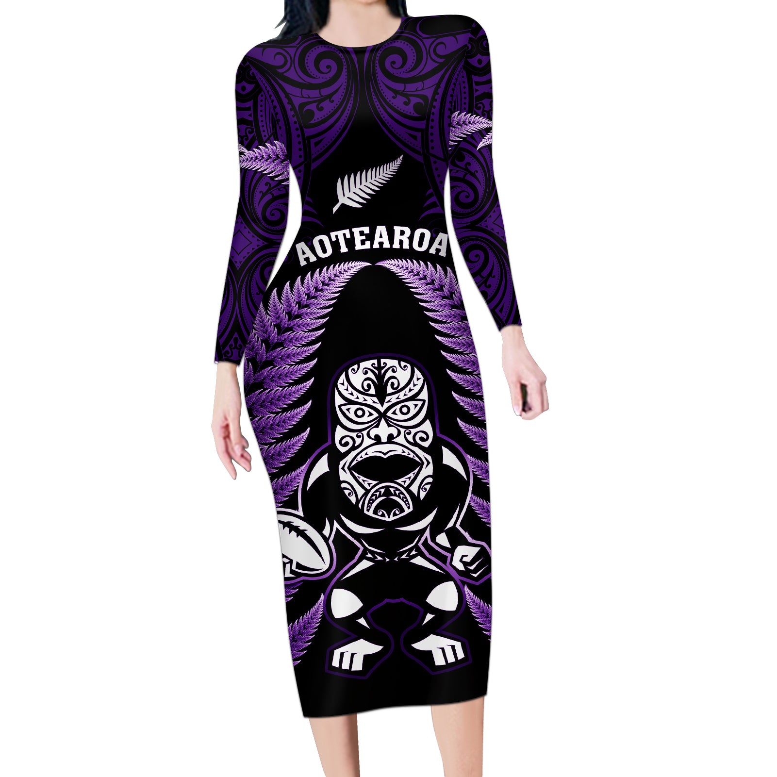 new-zealand-aotearoa-rugby-long-sleeve-bodycon-dress-nz-tiki-with-maori-fern-world-cup-purple-version