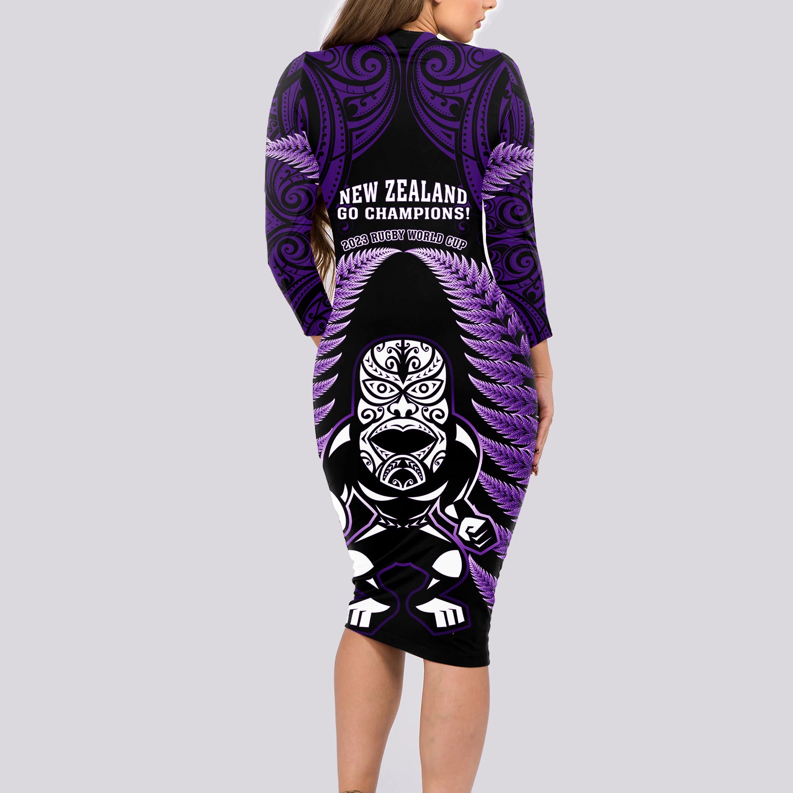 new-zealand-aotearoa-rugby-long-sleeve-bodycon-dress-nz-tiki-with-maori-fern-world-cup-purple-version
