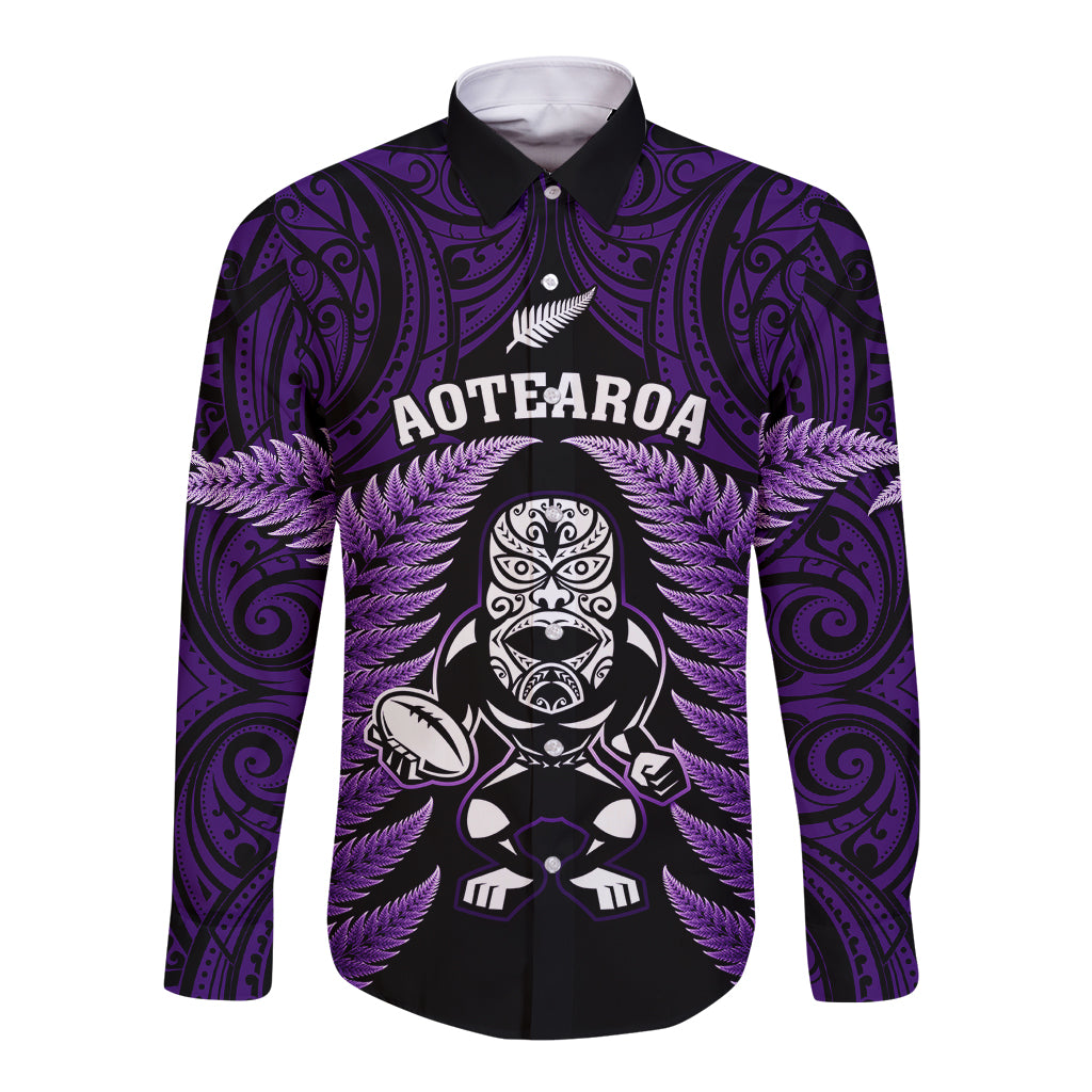 New Zealand Aotearoa Rugby Long Sleeve Button Shirt NZ Tiki With Maori Fern World Cup Purple Version - Vibe Hoodie Shop