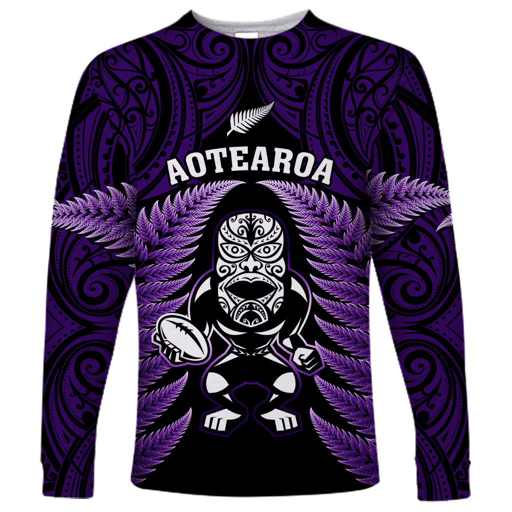 New Zealand Aotearoa Rugby Long Sleeve Shirt NZ Tiki With Maori Fern World Cup Purple Version - Vibe Hoodie Shop