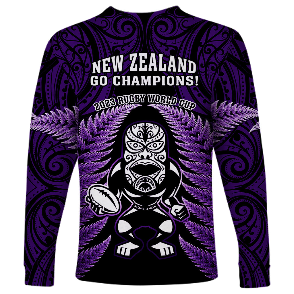 New Zealand Aotearoa Rugby Long Sleeve Shirt NZ Tiki With Maori Fern World Cup Purple Version - Vibe Hoodie Shop