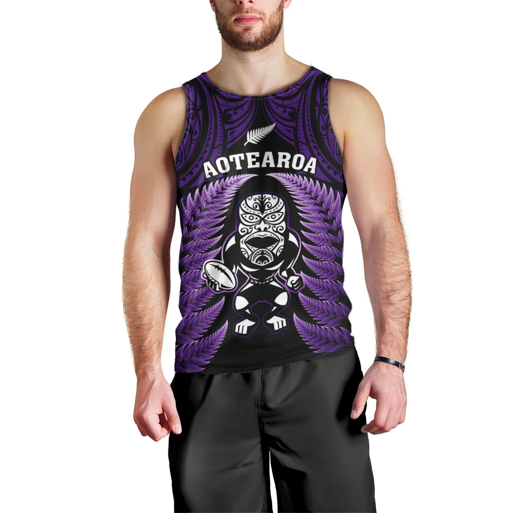 New Zealand Aotearoa Rugby Men Tank Top NZ Tiki With Maori Fern World Cup Purple Version - Vibe Hoodie Shop