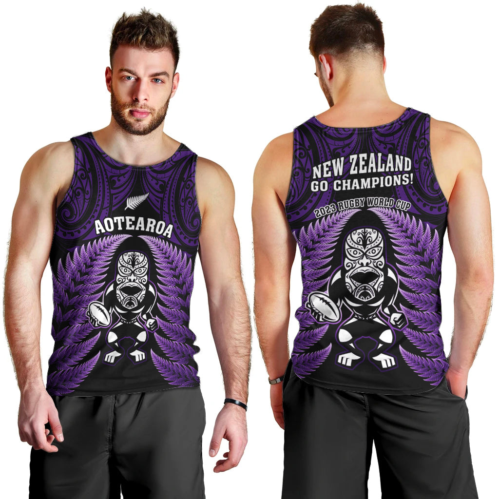 New Zealand Aotearoa Rugby Men Tank Top NZ Tiki With Maori Fern World Cup Purple Version - Vibe Hoodie Shop