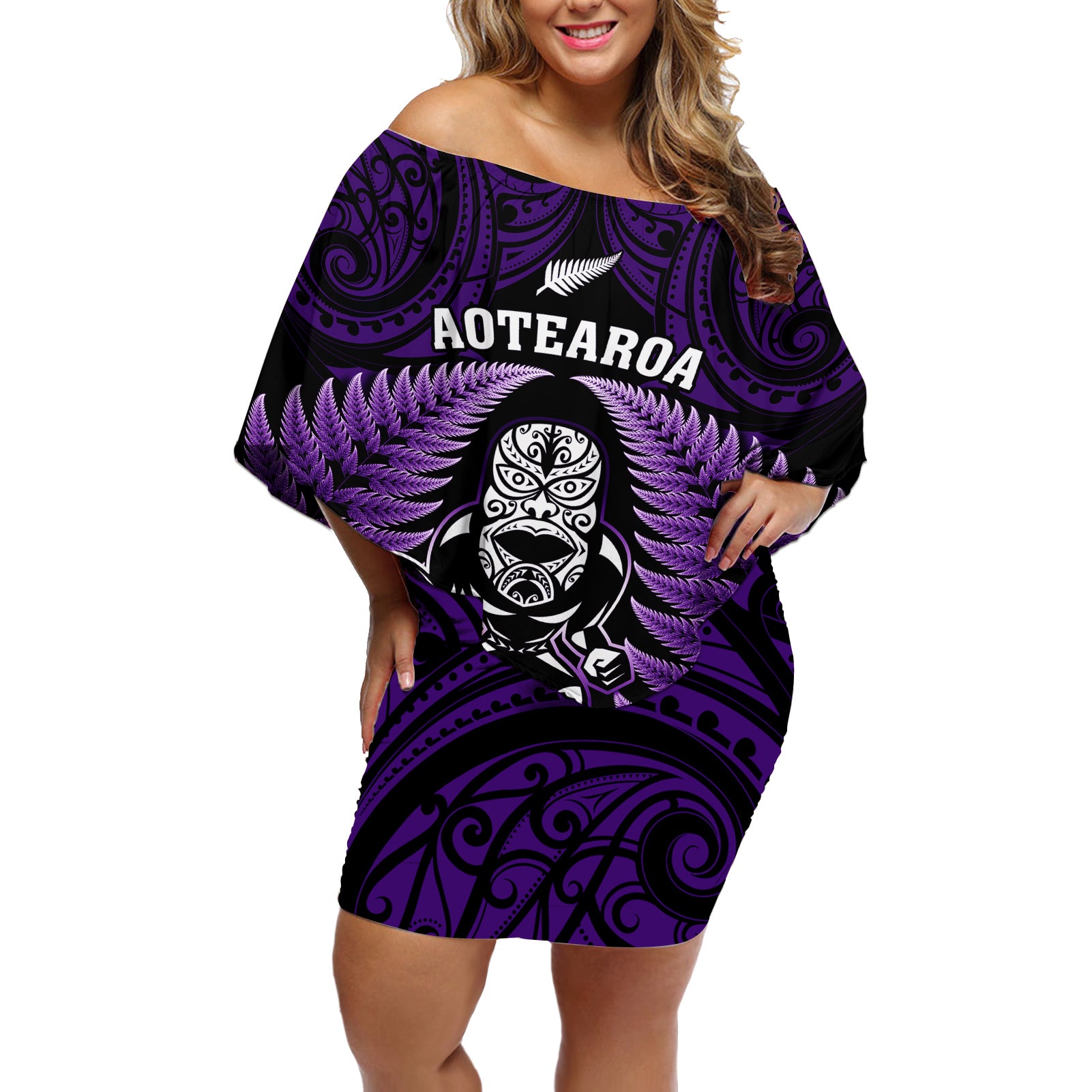 new-zealand-aotearoa-rugby-off-shoulder-short-dress-nz-tiki-with-maori-fern-world-cup-purple-version