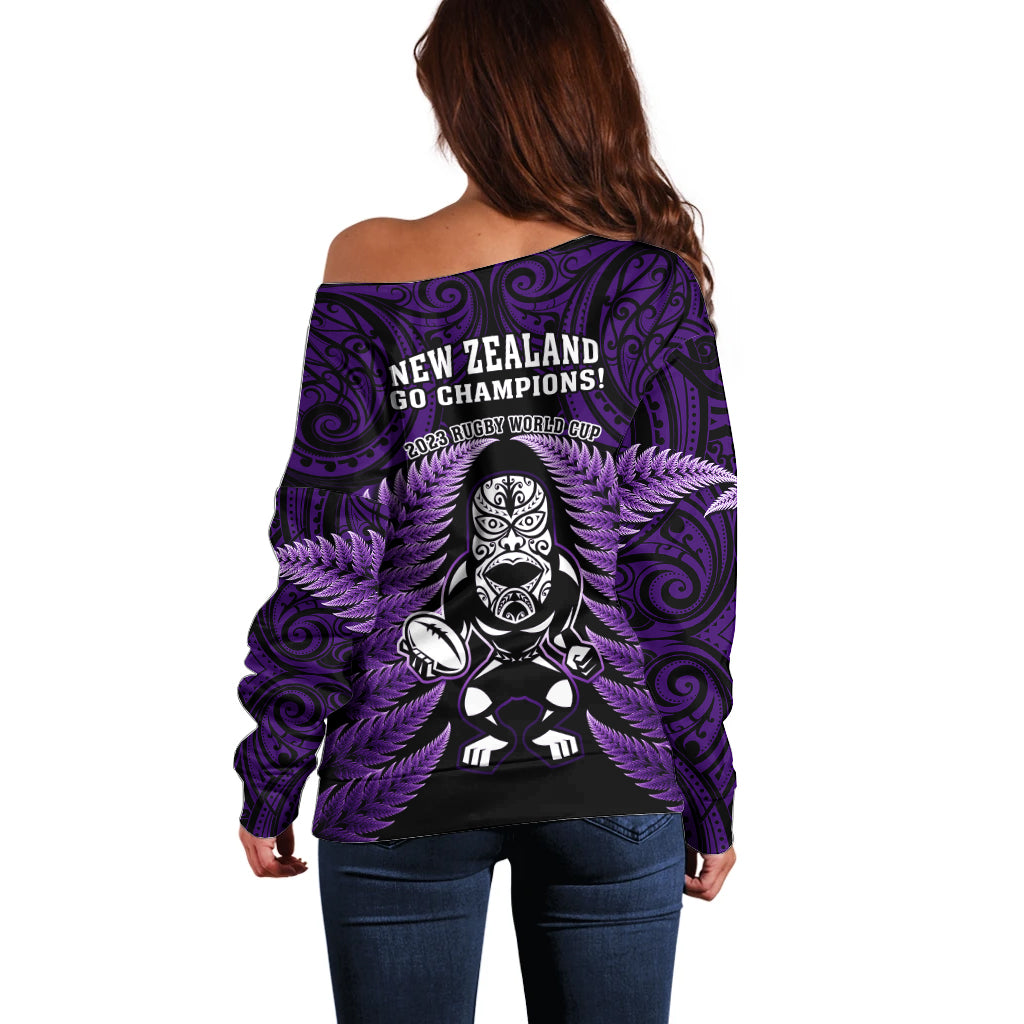 New Zealand Aotearoa Rugby Off Shoulder Sweater NZ Tiki With Maori Fern World Cup Purple Version - Vibe Hoodie Shop