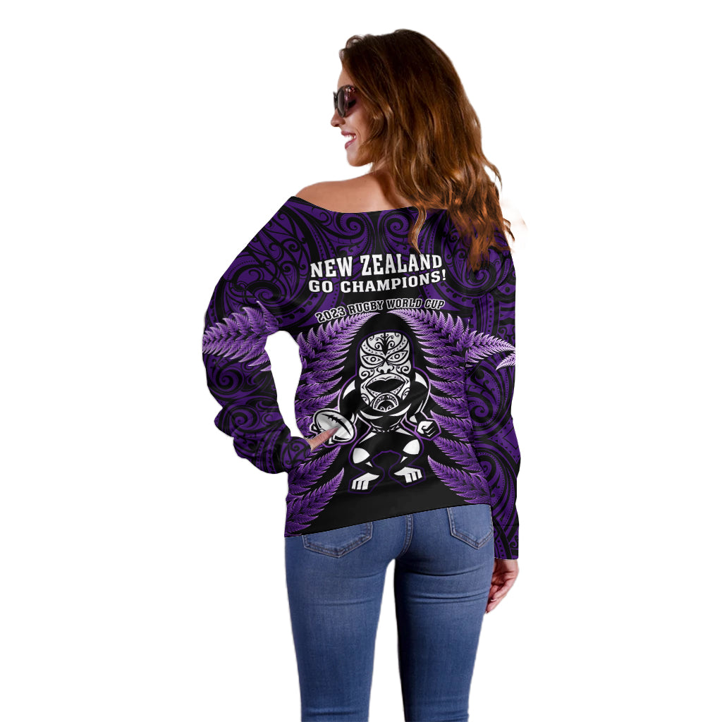 New Zealand Aotearoa Rugby Off Shoulder Sweater NZ Tiki With Maori Fern World Cup Purple Version - Vibe Hoodie Shop