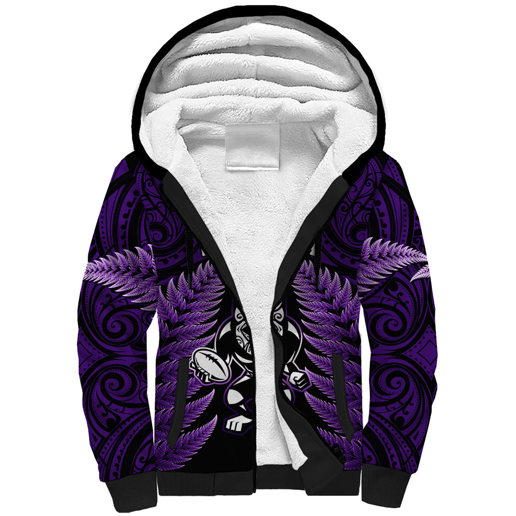 New Zealand Aotearoa Rugby Sherpa Hoodie NZ Tiki With Maori Fern World Cup Purple Version - Vibe Hoodie Shop