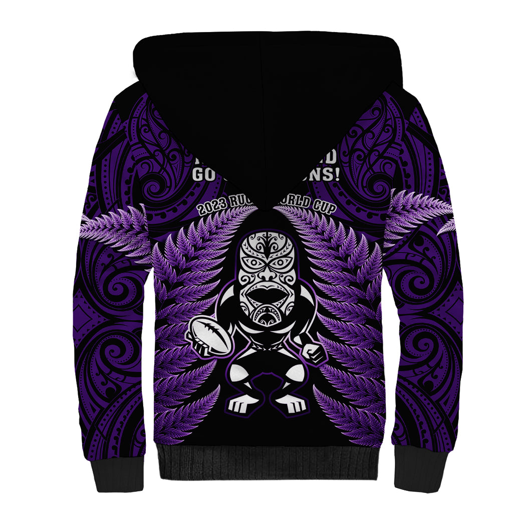 New Zealand Aotearoa Rugby Sherpa Hoodie NZ Tiki With Maori Fern World Cup Purple Version - Vibe Hoodie Shop