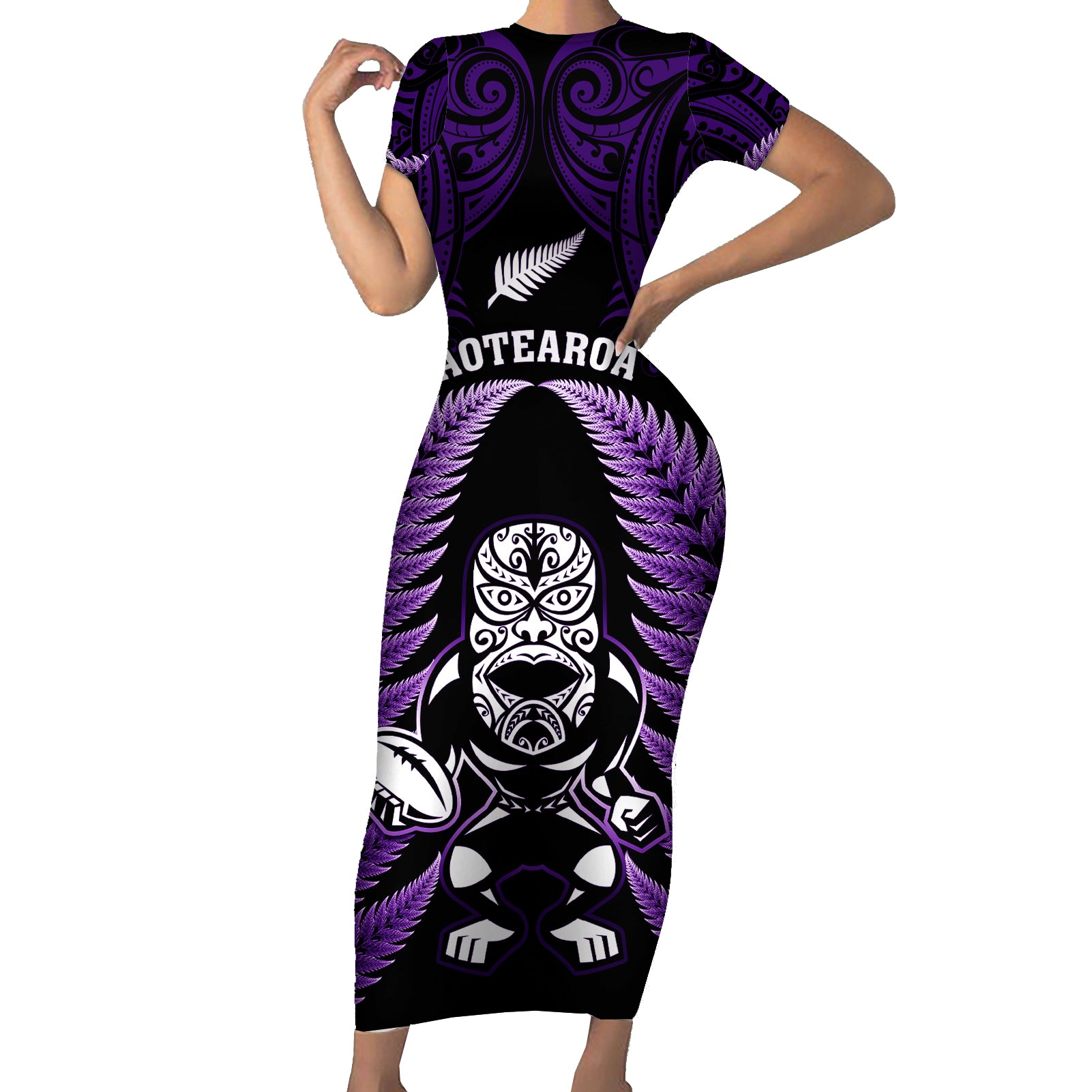 new-zealand-aotearoa-rugby-short-sleeve-bodycon-dress-nz-tiki-with-maori-fern-world-cup-purple-version