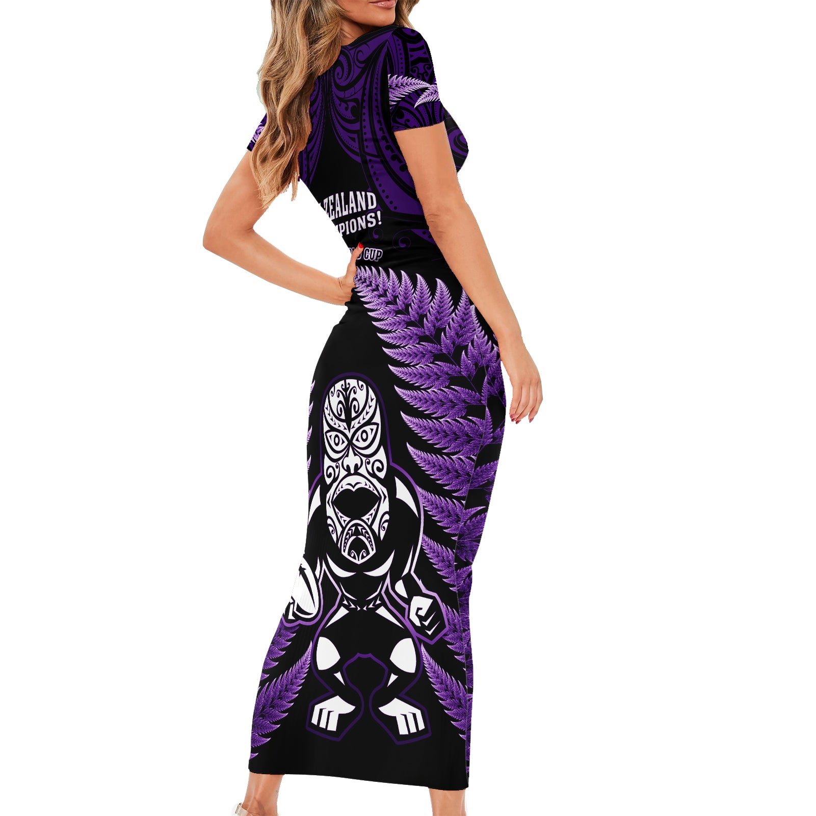 new-zealand-aotearoa-rugby-short-sleeve-bodycon-dress-nz-tiki-with-maori-fern-world-cup-purple-version