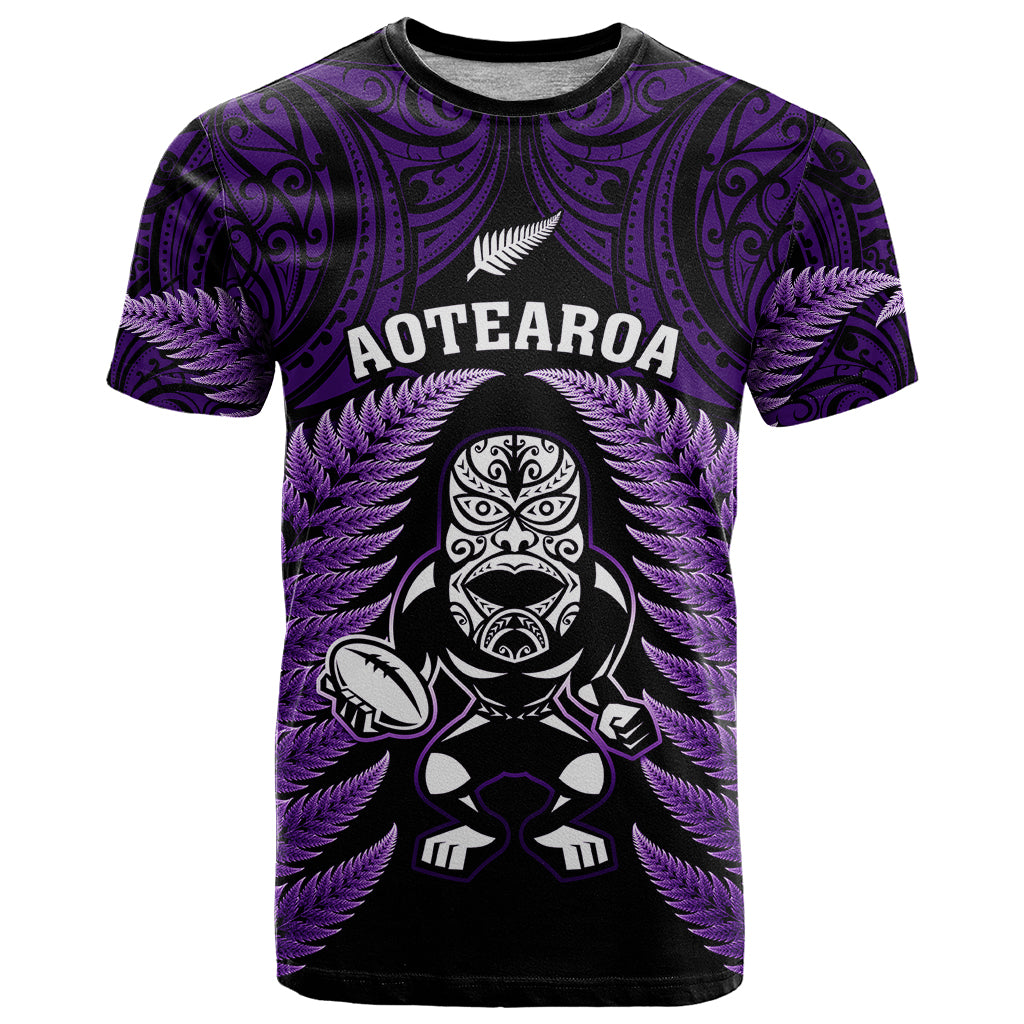 New Zealand Aotearoa Rugby T Shirt NZ Tiki With Maori Fern World Cup Purple Version - Vibe Hoodie Shop