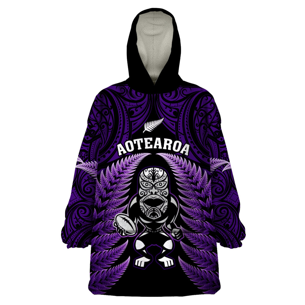 New Zealand Aotearoa Rugby Wearable Blanket Hoodie NZ Tiki With Maori Fern World Cup Purple Version - Vibe Hoodie Shop