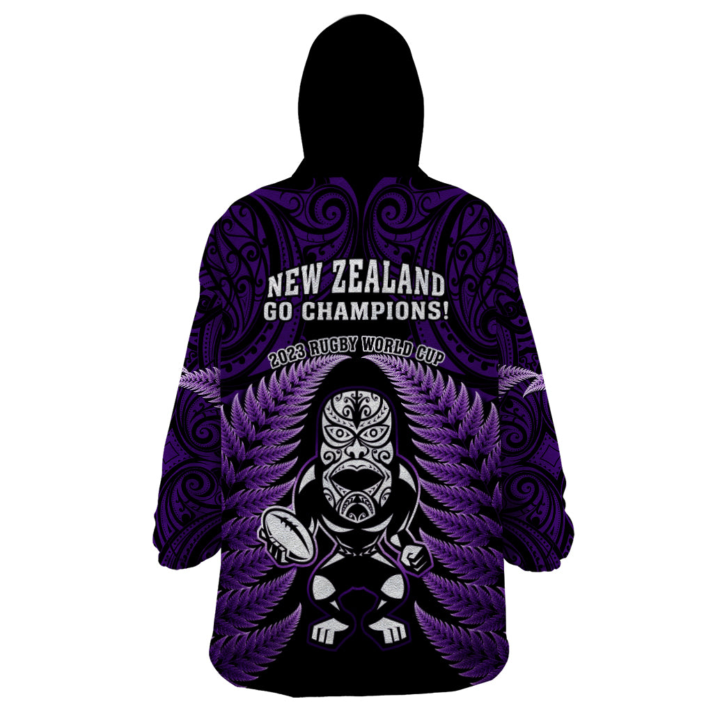 New Zealand Aotearoa Rugby Wearable Blanket Hoodie NZ Tiki With Maori Fern World Cup Purple Version - Vibe Hoodie Shop