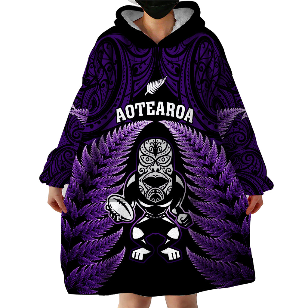 New Zealand Aotearoa Rugby Wearable Blanket Hoodie NZ Tiki With Maori Fern World Cup Purple Version - Vibe Hoodie Shop