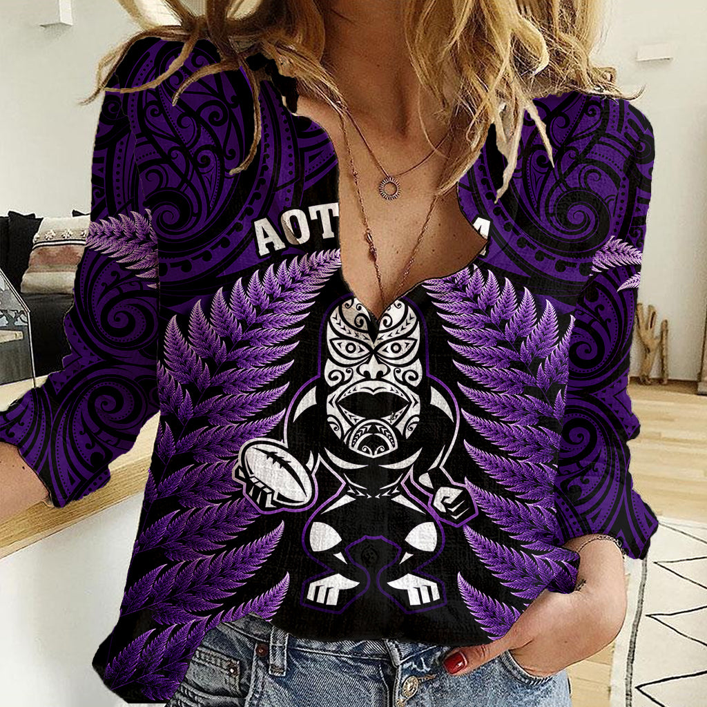 New Zealand Aotearoa Rugby Women Casual Shirt NZ Tiki With Maori Fern World Cup Purple Version - Vibe Hoodie Shop