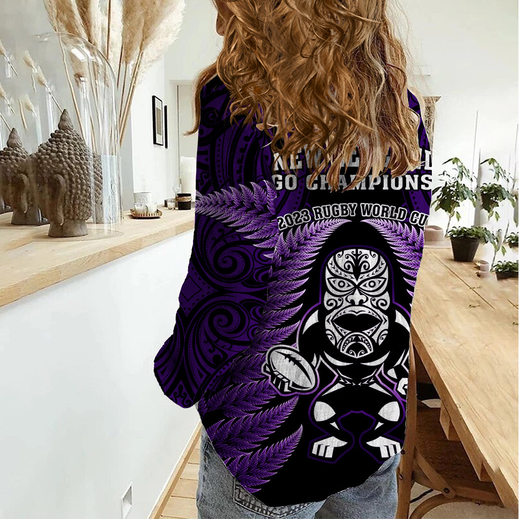 New Zealand Aotearoa Rugby Women Casual Shirt NZ Tiki With Maori Fern World Cup Purple Version - Vibe Hoodie Shop