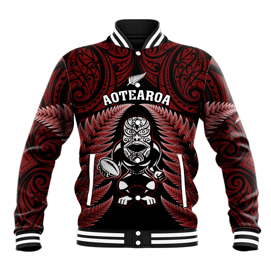 New Zealand Aotearoa Rugby Baseball Jacket NZ Tiki With Maori Fern World Cup Red Version - Vibe Hoodie Shop